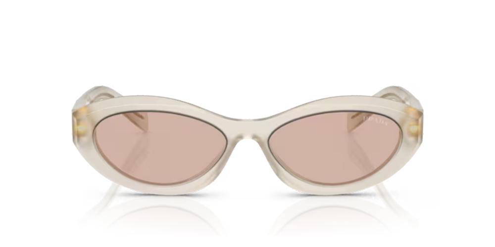 Óculos de sol Prada Symbole, formato retangular, armação em acetato branco opalina, lente rosa